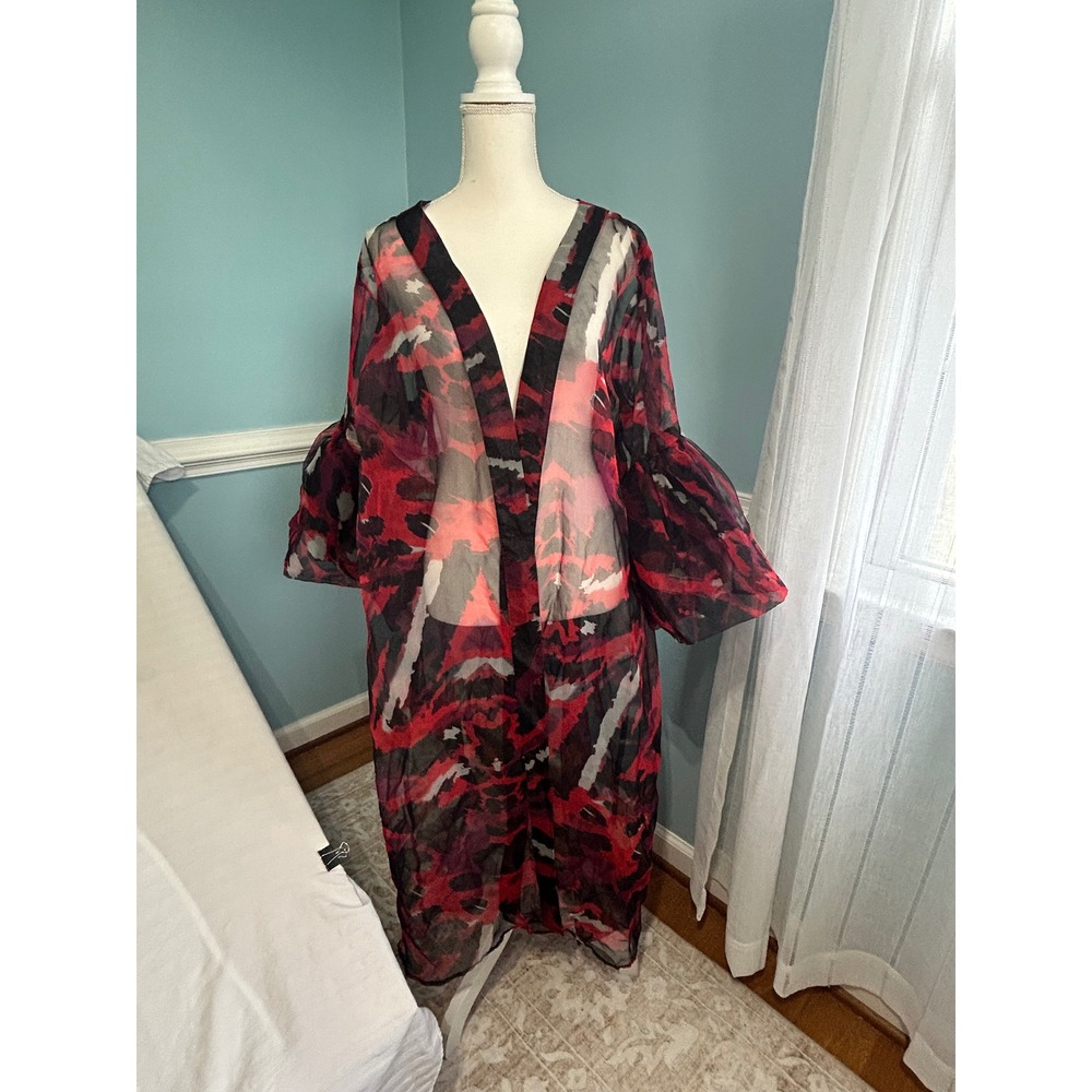 Ashley Stewart Red Black Abstract Chiffon Duster Cardigan Bell Sleeve 2X